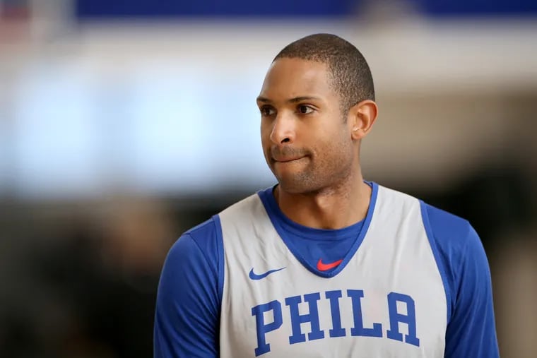 The Sixers' Al Horford walks walks across the court after practice at the Sixers Training Complex in Camden, N.J., on Wednesday, Feb. 19, 2020.