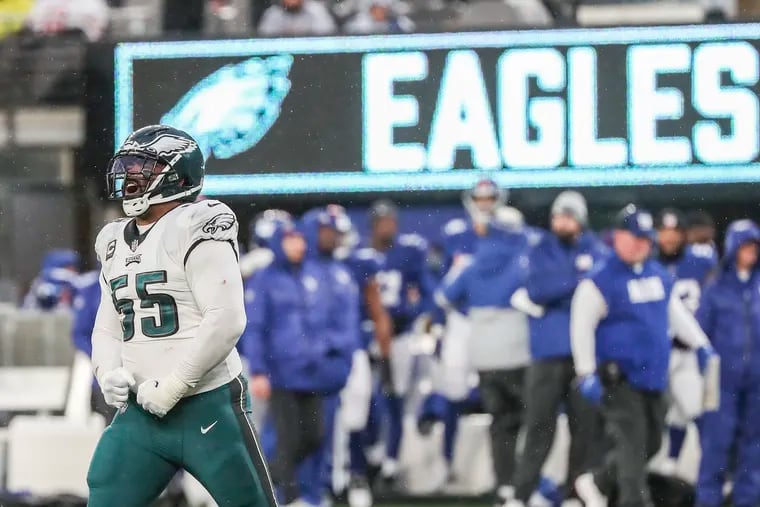 Philadelphia Eagles defensive end Brandon Graham (55) celebrates after a forced fumble in the fourth quarter of a game against the New York Giants at MetLife Stadium in East Rutherford, NJ on Sunday, Dec. 11, 2022. Eagles won, 48-22.