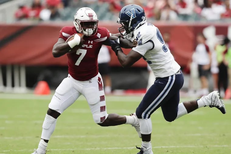 Temple running back Ryquell Armstead gets stopped by Villanova defensive lineman Malik Fisher during the first-quarter on Saturday, September 1, 2018. YONG KIM / Staff Photographer