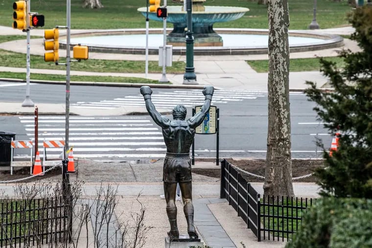 A desolated view of the popular ROCKY Statue is shown at the Philadelphia Museum of Art in Philadelphia, Pa. Tuesday, March 17, 2020.