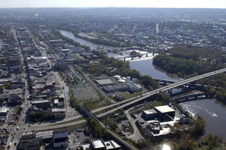 An aerial view of the waterfront in Norristown, where developer Brian O'Neill has just pulled out from a major project officials had hoped would help revitalize the area.