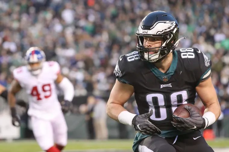 Philadelphia Eagles tight end Dallas Goedert catches and turns with the ball during a game against the New York Giants at Lincoln Financial Field in Philadelphia on Sunday, Jan. 8, 2023.
