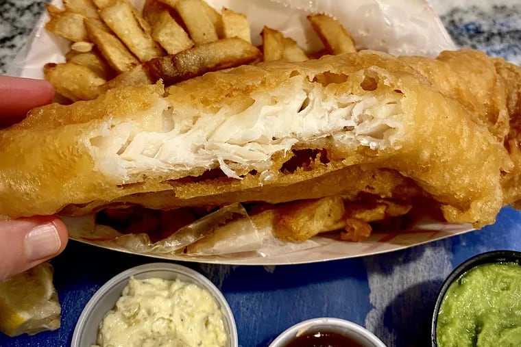 Stargazy chef/owner Sam Jacobson uses cod and haddock from Samuels & Son for his fried fish, which is served with minty mushy peas, malt vinegar, and tartar sauce.