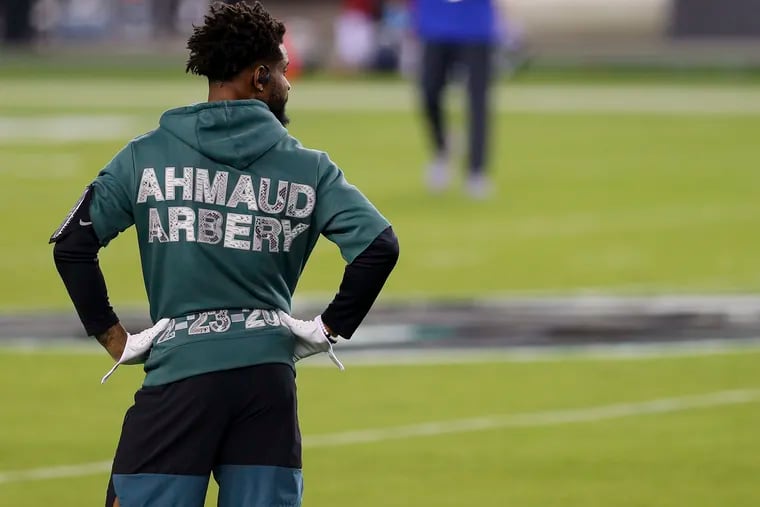 Eagles cornerback Darius Slay wears an Ahmaud Arbery hoodie while warming up before the Eagles played the New York Giants at Lincoln Financial Field on Oct. 22, 2020.