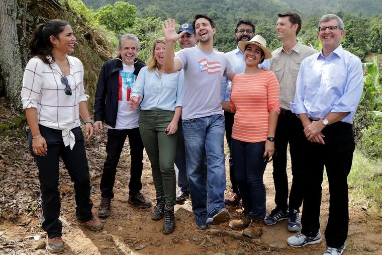 Lin-Manuel Miranda (middle) in support of Puerto Rican coffee farmers during a walking tour in Jayuya.