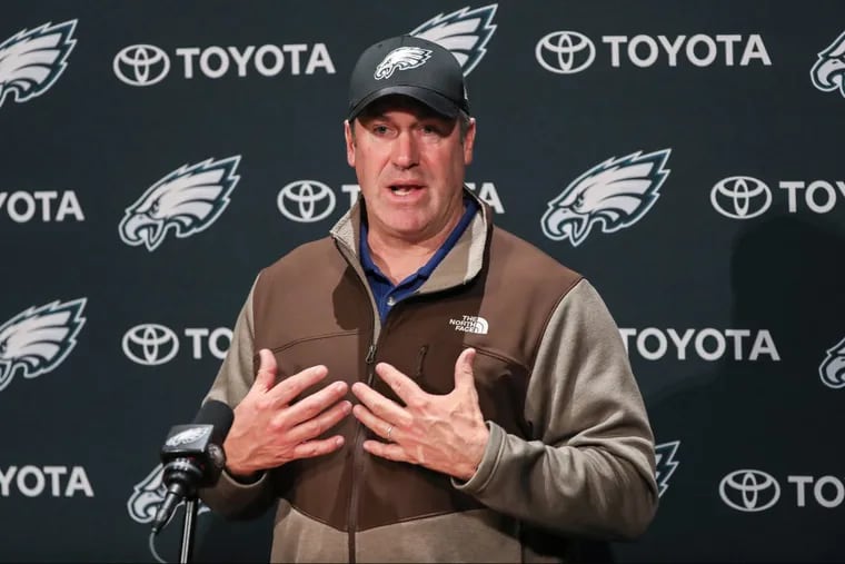 Eagles coach Doug Pederson speaks at his press conference Monday.