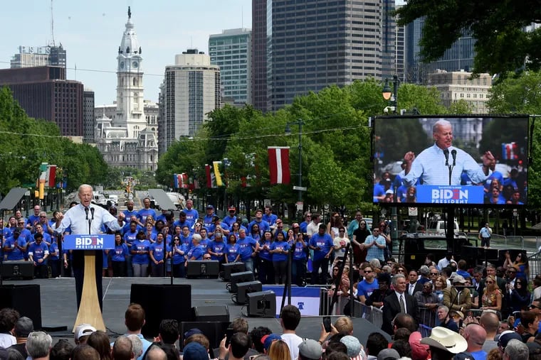Former vice president Joe Biden, a Democratic presidential candidate, spoke during a rally at Eakins Oval in May.