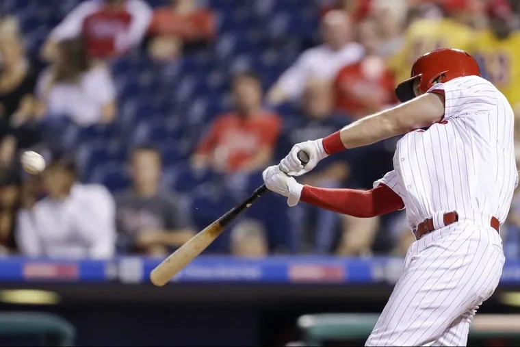 Phillies rookie Rhys Hoskins hits his 18th home run of the season on Thursday against the Marlins.