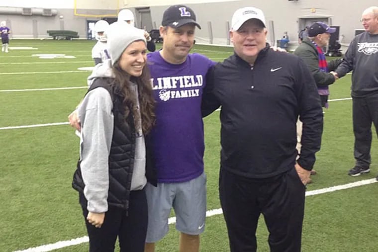 Eagles coach Chip Kelly stopped by Linfield's practice at the NovaCare Complex before they crushed Widener. (Linfield Football Instagram)