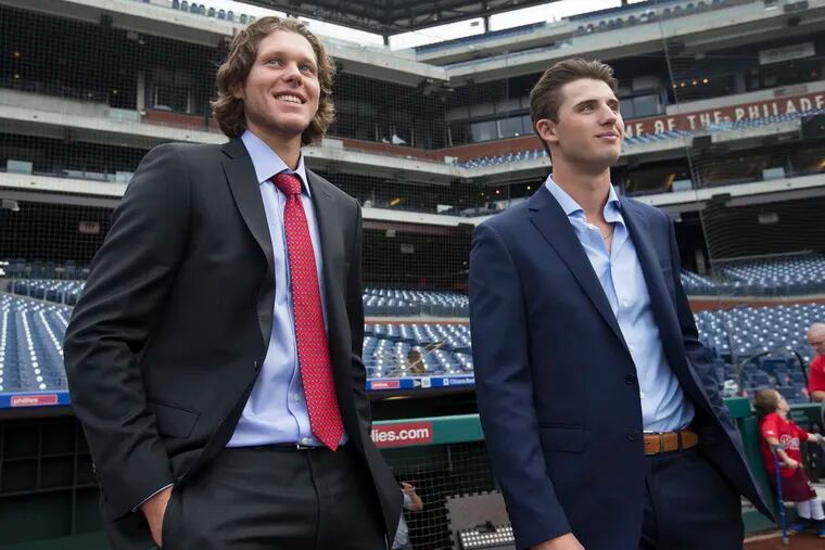 Third baseman Alec Bohn, left, and pitcher Ethan Lindow are the Phillies Paul Owen Award winners as the minor league players of the year.  They are shown before the game against the Red Sox at Citizens Bank Park on Sept. 14, 2019.