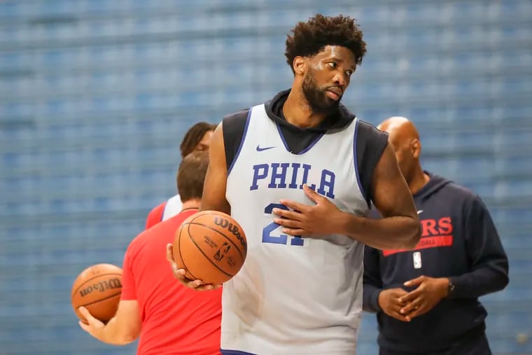 Joel Embiid after practice on the second day of Sixers training camp at The Citadel in Charleston, S.C.