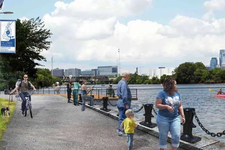 An extension of the Schuylkill River Trail and pedestrian walkway to the west side of the river between the Grays Ferry Bridge and 58th Street, as seen in this artist's rendering, is one of the aspects of the plan. (Philadelphia Industrial Development Corp.)