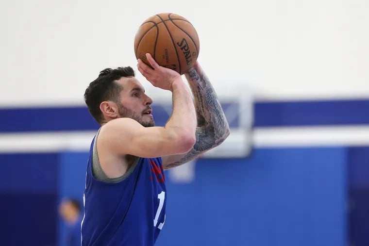 The Sixers' JJ Redick shoots during practice at the Sixers Training Complex in Camden, N.J., on Wednesday, Feb. 20, 2019.