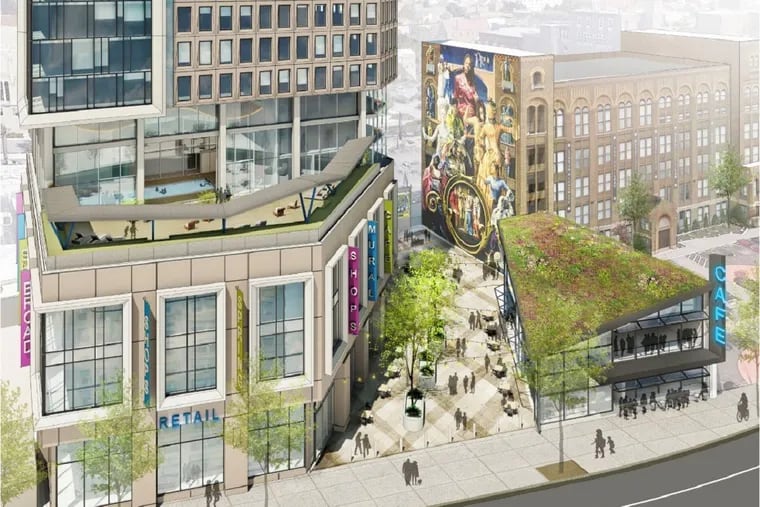 Artist's rendering of lower levels of planned Mural West tower at Broad and Spring Garden Streets.