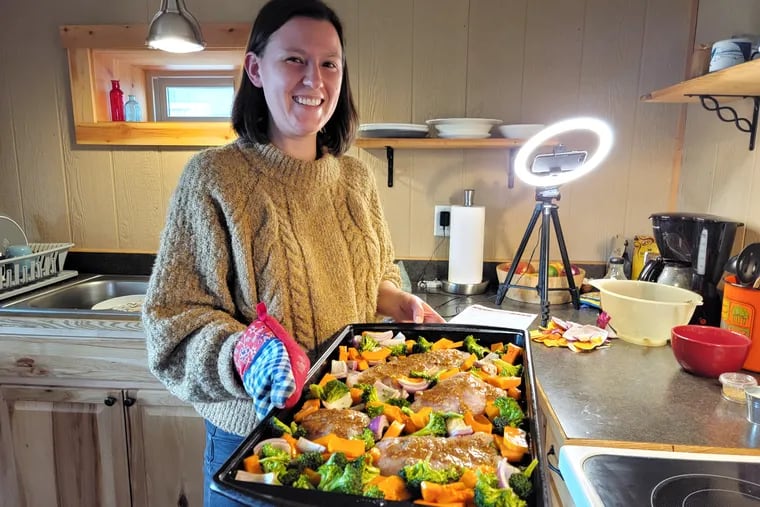 Mackenzie Sachs, a registered dietitian who works with FAST Blackfeet’s produce prescription program on the Blackfeet Reservation, in northwestern Montana, prepares food during an online cooking class.