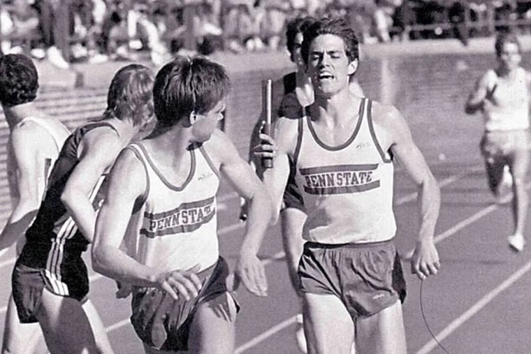 Chris Mills hands off to Randy Moore for Penn State in the 1985 Penn
Relays 4x800. (Dave Baskwill/Penn State Track and Field Alumni Blog)