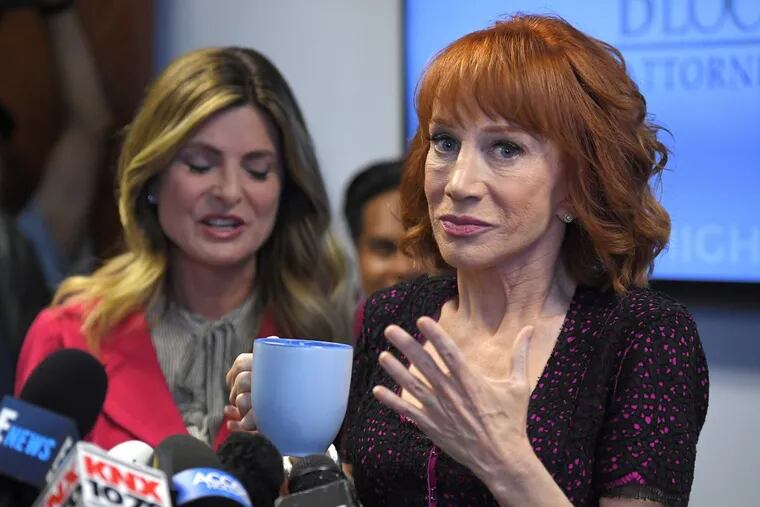 Kathy Griffin speaks at a news conference to discuss the backlash since she released a photo and video of her displaying a likeness of President Donald Trump's severed head.