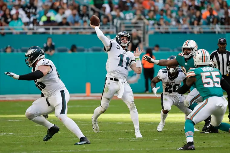 Eagles quarterback Carson Wentz airs it out in Sunday's stunning loss to the Miami Dolphins.