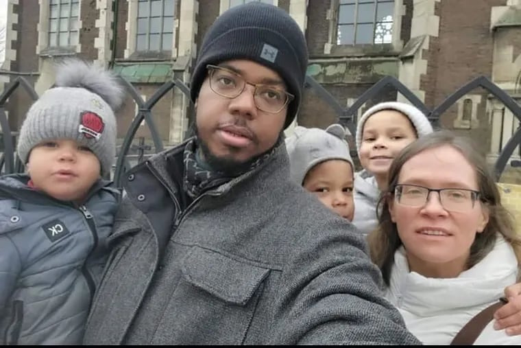 Atnre Alleyne and his wife, Tatiana Poladko, are seen here outside St. George’s Cathedral in Lviv, not long before they left the west Ukrainian city to seek safety in Poland. With them are their children, Zoryana, 7, on the right, with Taras, 2, on the left, and Nazariy, 3, in the center.