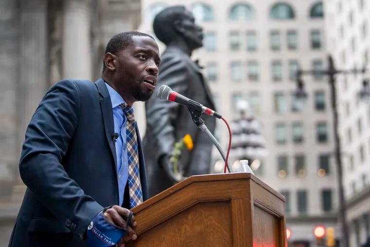 City Council member Isaiah Thomas outlines a bill to ban stops for motor vehicle code violations, during a news conference outside Philadelphia City Hall on Oct. 28, 2020.