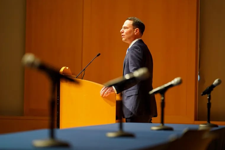 Attorney General Josh Shapiro speaks at the Constitution Center in Philadelphia, Pa.,  on January 6, 2022.