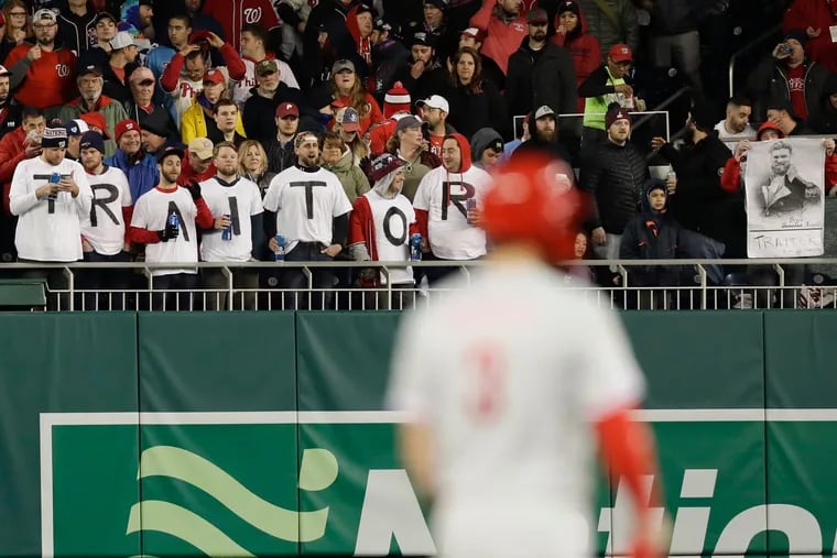 Nationals fans in right field Tuesday night wore T-shirts that reflected their feelings about Bryce Harper in his first game back in Washington since signing a 13-year, $330 million contract with the Phillies.