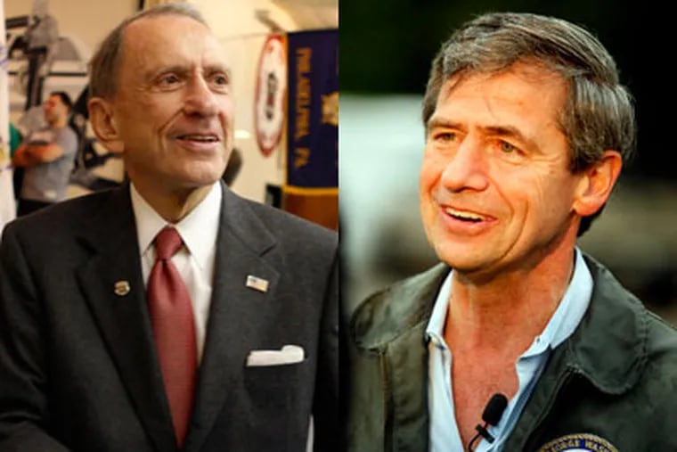 U.S. Sen. Arlen Specter, D-Pa., left, at an endorsement press conference by Philadelphia's Fraternal Order of Police on Friday.   U.S. Rep. Joe Sestak, D-Pa, right, Pittsburgh on Monday. The two are in a close race in Tuesday's Democratic primary. (AP)