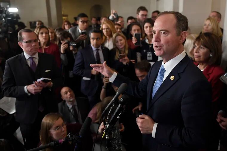 House Intelligence Committee Chairman Adam Schiff of Calif., speaks to reporters after the hearing with top U.S. diplomat in Ukraine William Taylor, and career Foreign Service officer George Kent, at the House Intelligence Committee ended on Capitol Hill in Washington, Wednesday, Nov. 13, 2019.