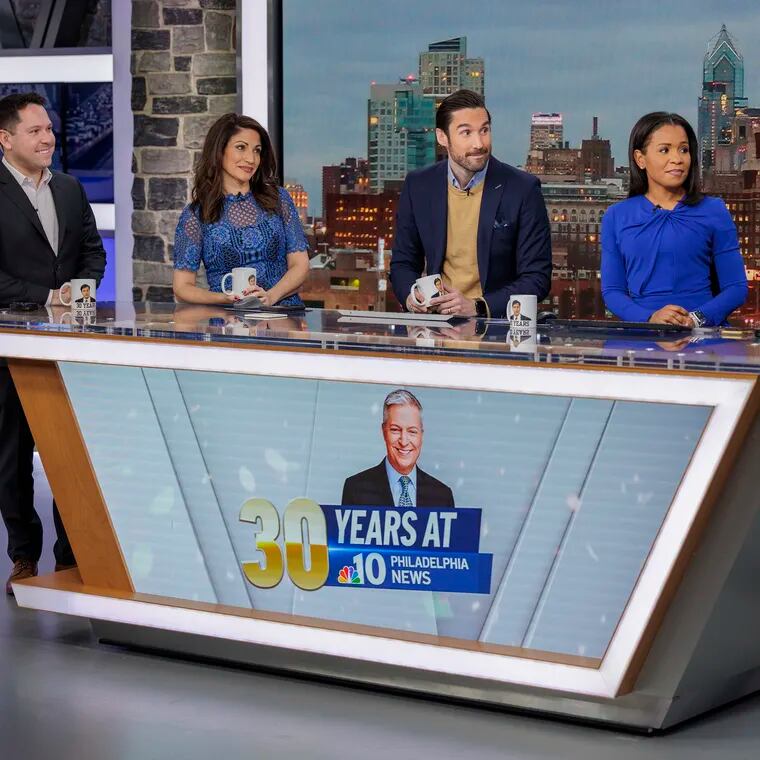 From left are traffic reporter Matt Delucia, anchors Lucy Bustamante, Keith Jones, Erin Coleman, and meteorologist Bill Henley at NBC10's studios.