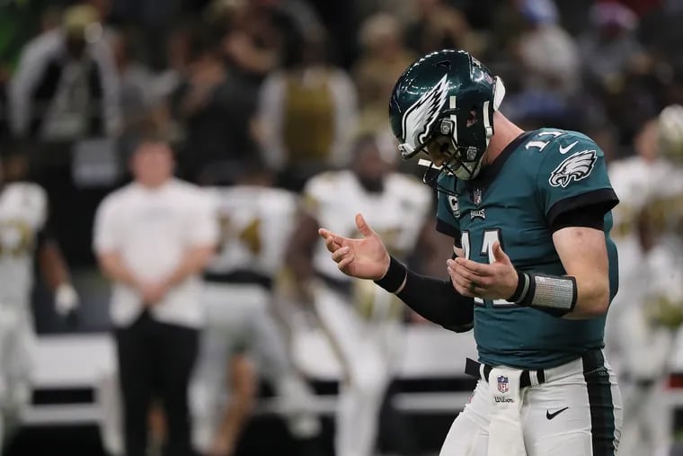 Eagles Carson Wentz reacts after the Saints intercepted his pass late in the 4th quarter. Eagles lose 48-7 to the New Orleans Saints in New Orleans, LA on November 18, 2018. DAVID MAIALETTI / Staff Photographer