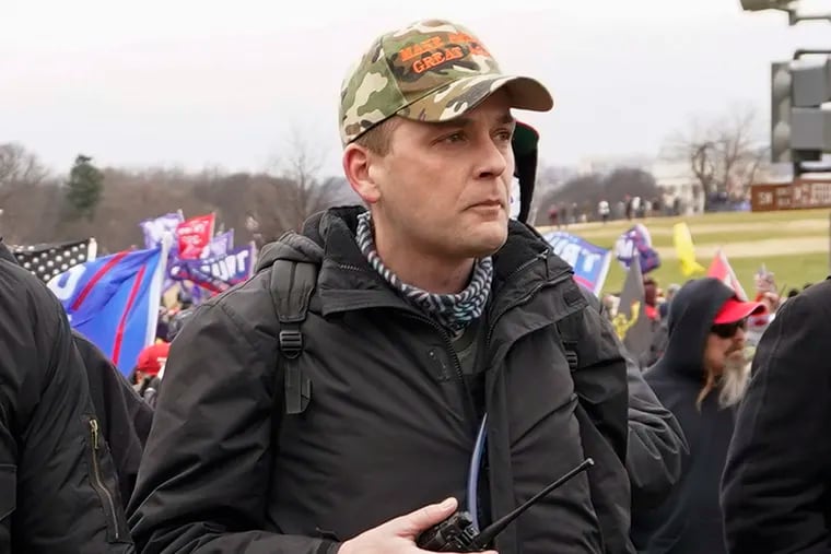 Proud Boys member Zachary Rehl leads a crowd toward the U.S. Capitol in Washington, in support of President Donald Trump on Jan. 6, 2021.