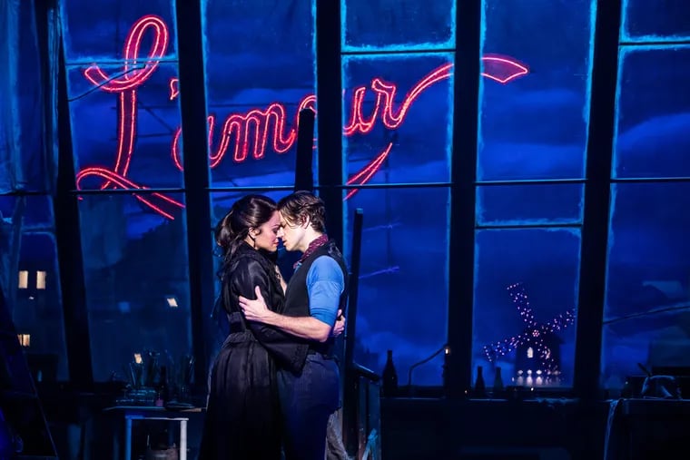 Karen Olivo as Satine and Aaron Tveit as Christian in "Moulin Rouge!," now on Broadway.