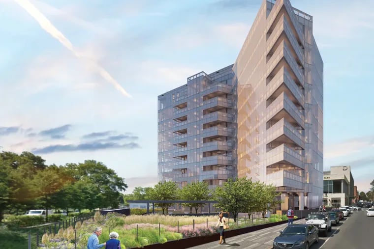 The newest design for 2100 Hamilton would include a deck over the submerged rail line where the Friends of the Rail Park hope to create a new park that connects to the Reading Viaduct.