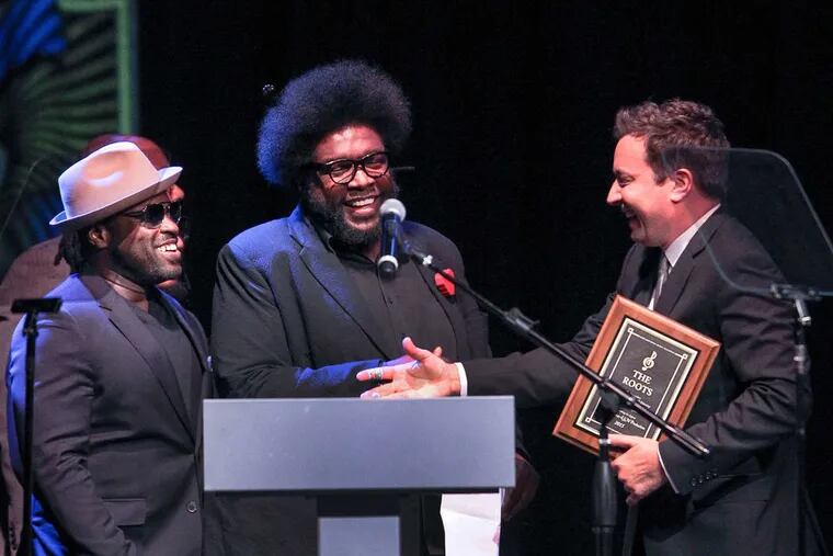 Philadelphia Music Alliance Gala celebrated the new Walk of Fame celebs. Jimmy Fallon gives The Roots their award. Monday, October 26, 2015.