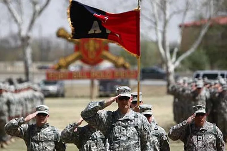 National guardsmen on parade at Fort Sill, Okla., during an Iraq deployment ceremony for Task Force Keystone, which includes soldiers from the Pennsylvania and New Jersey Guard. (Tim Larsen / Governor Photos)