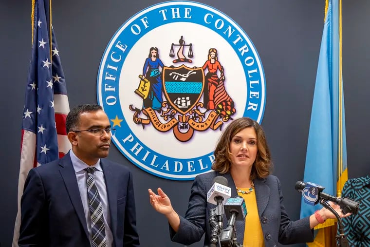 City Controller Christy Brady, seen at a Dec. 4 news conference, said this week her office will audit the Department of Licenses & Inspections after an Inquirer series exposed problems there. At left is former Acting City Controller Charles Edacheril.