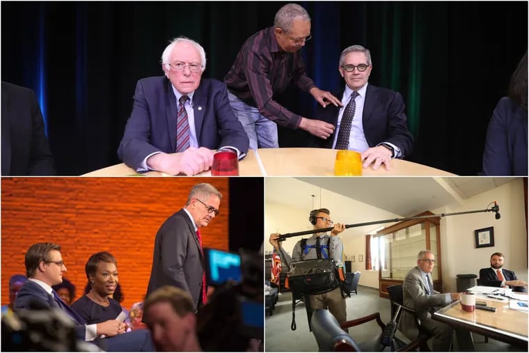 During his first six months in office, Philadelphia Larry Krasner has appeared on a panel with U.S. Sen. Bernie Sanders (top), spoken an MSNBC town hall (bottom left) and been trailed at times by a documentary crew (bottom right). His bold actions have earned him praise from some liberal reform advocates across the country. 