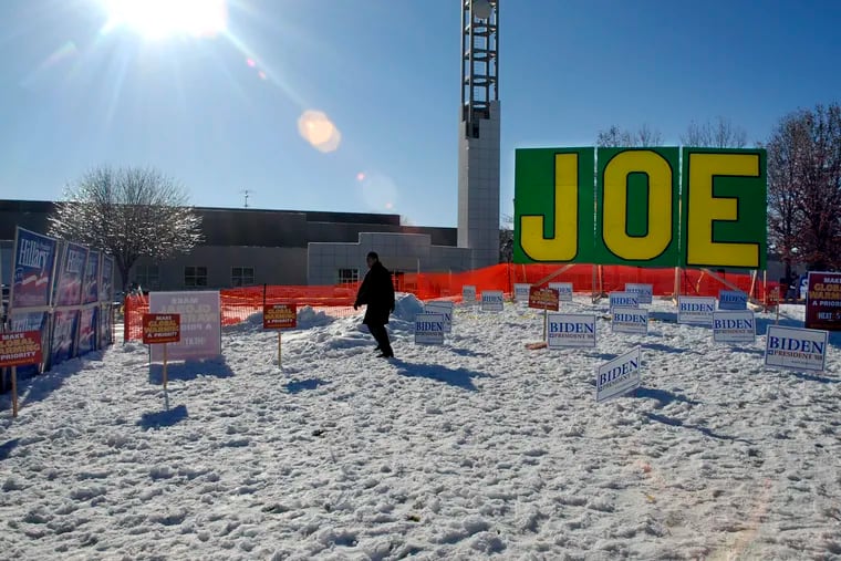 Campaign signs erected by Biden supporters remain outside the Democratic debate hosted by The Des Moines Register and Iowa Public Television in Johnston, Iowa December 13, 2007.