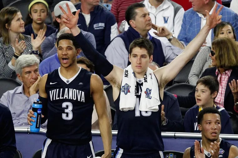 Josh Hart, left, and Ryan Arcidiacono of Villanova celebrate in the final minute of their victory over Oklahoma on April 2, 2016.