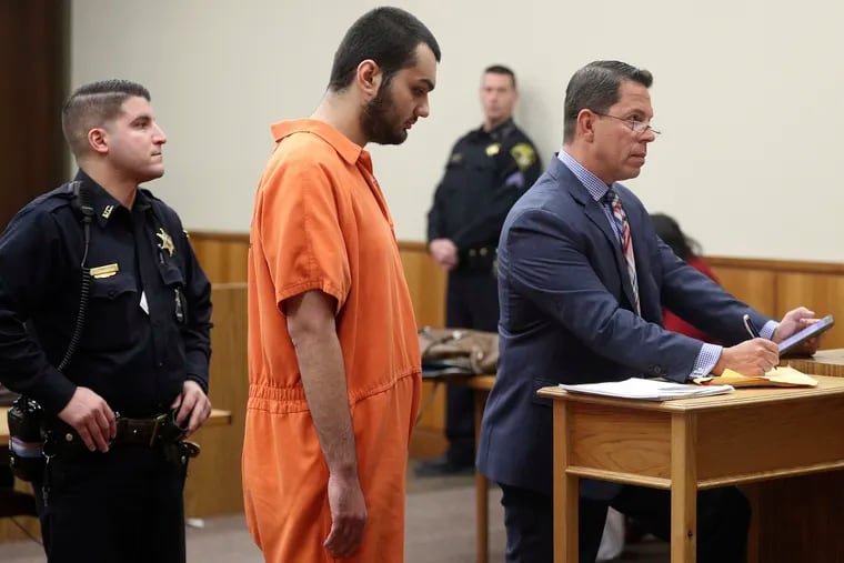 Vincent Vetromile appears in court with his attorney Stephen Sercu in Rochester, N.Y., on Thursday, March 7, 2019. Vetromile and three others are charged with plotting to attack an Islamic community in upstate New York. (Jamie Germano/Democrat & Chronicle via AP, Pool)