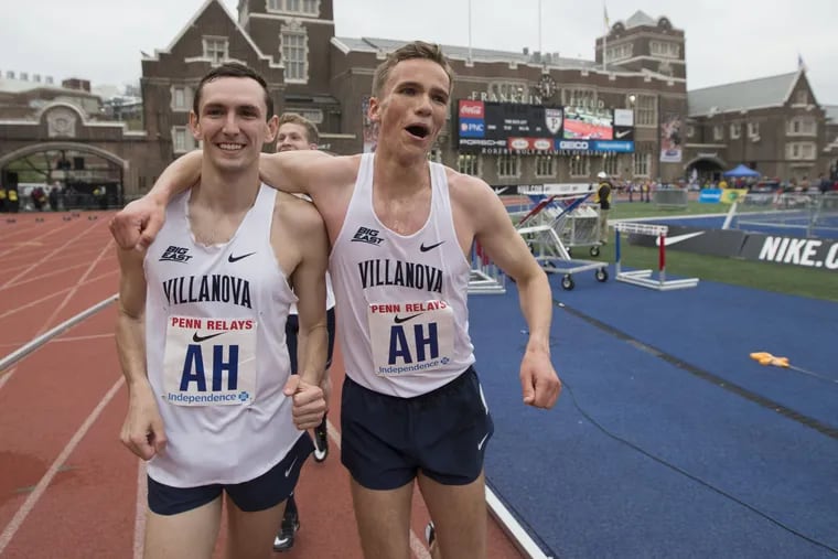 Villanova's Ben Malone (left) and Casey Comber after winning the College Men's Distance Medley Championship of America on April 27, 2018 at the Penn Relays. 