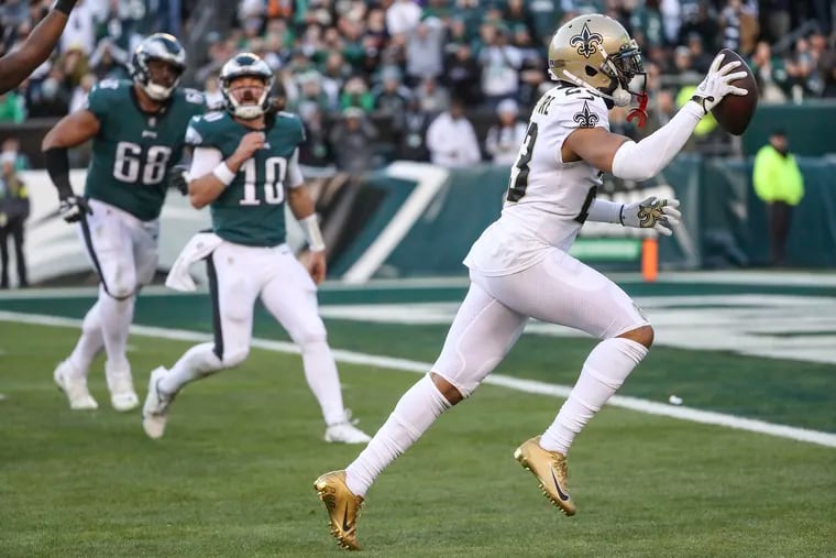 Eagles quarterback Gardner Minshew (10) reacts as New Orleans Saints cornerback Marshon Lattimore picks him off for a touchdown in the fourth quarter.
