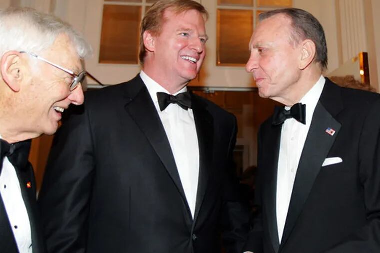 Sen. Arlen Specter visits with Pittsburgh Steelers ownerDan Rooney (left) and NFL commissioner Roger Goodellat a Pennsylvania Society Weekend reception in New York.&quot;There is an old adage: Live and learn,&quot; Specter said.