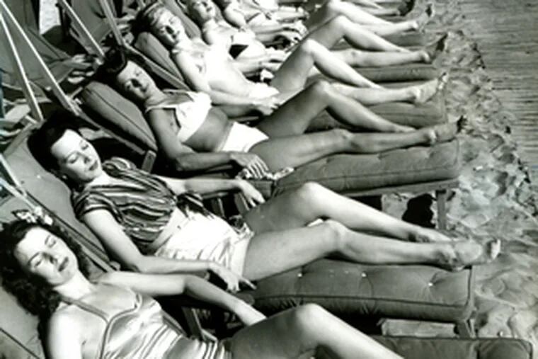 Bathers on beach chairs in Atlantic City in the late 1940s.