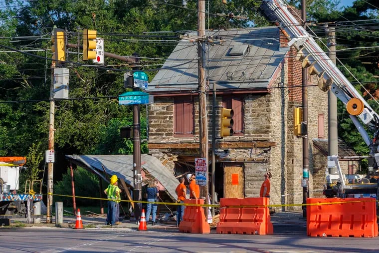 A SEPTA trolley hit the Blue Bell Inn, built in 1766, at the intersection of Woodland Avenue and Cobbs Creek Parkway late Thursday night.