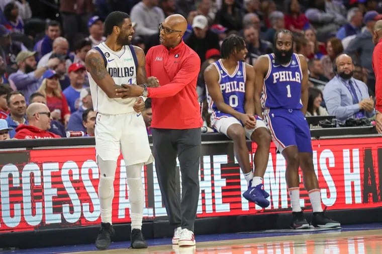 Kyrie Irving, seen sharing a laugh with Sixers assistant coach Sam Cassell, is one of the biggest names on the free agent market. James Harden (right) could join him on that list.