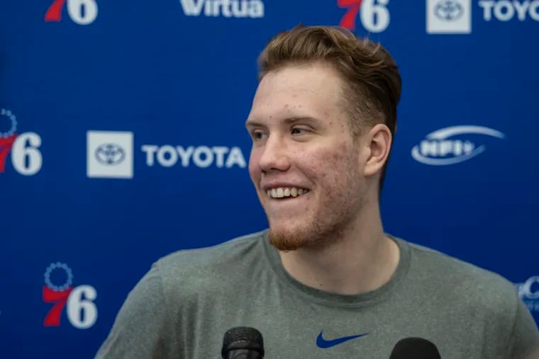 Ignas Brazdeikis (Michigan) talks to the media at his predraft workout with the Sixers.