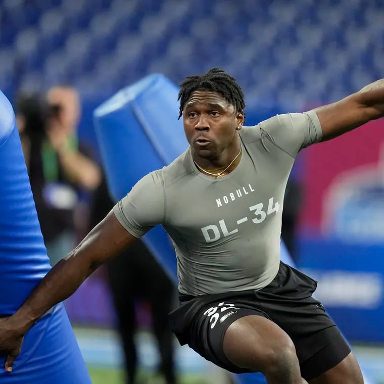 Houston Christian defensive lineman Jalyx Hunt runs a drill at the NFL football scouting combine, Thursday, Feb. 29, 2024, in Indianapolis. (AP Photo/Michael Conroy)
