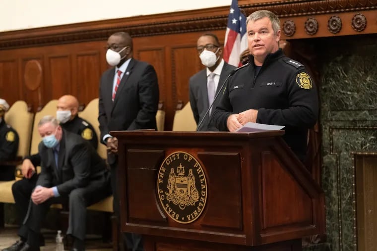 Fire Commissioner Adam Thiel, front right, at a press conference at City Hall earlier this month when city officials released preliminary findings of the investigation of the fatal fire in Fairmount. Thiel appeared during a panel discussion Tuesday to discuss the response to the blaze with industry professionals.