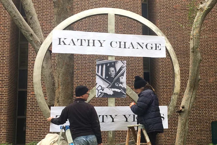 Friends gather by Penn's Van Pelt Library to remember Kathy Chang, who burned herself to death there. on October 22,1996.
